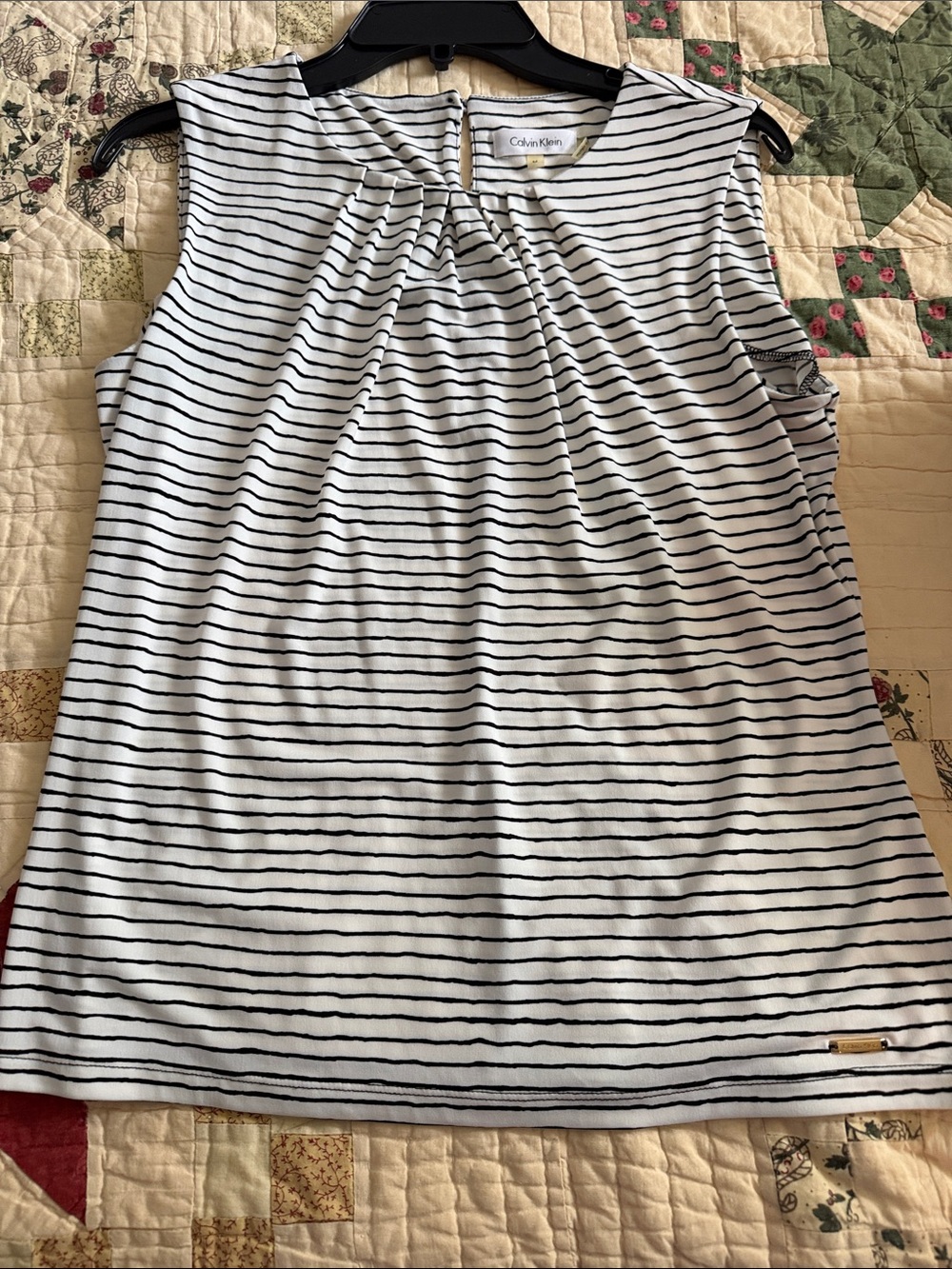 Calvin Klein White and Black Striped Sleeveless Pleated Neck Camisole